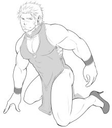 Rule 34 | 1boy, alternate costume, ass, bara, bare shoulders, cleavage cutout, clothing cutout, covered abs, covered erect nipples, crossdressing, dress, facial hair, goatee, greyscale, high heels, highres, jacob (housamo), large pectorals, long sideburns, pectoral cleavage, male focus, monochrome, muscular, muscular male, pectorals, pelvic curtain, porkjinta, scar, scar on face, scar on nose, short hair, sideburns, sleeveless, sleeveless dress, solo, thick thighs, thighs, tokyo houkago summoners, white background