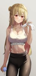 Rule 34 | 1girl, absurdres, bare arms, bare shoulders, black pants, blonde hair, blush, brand name imitation, breasts, cleavage, collarbone, commentary request, cowboy shot, crop top, fakey, grey background, hair bun, hand up, highres, holding, large breasts, leggings, long hair, looking at viewer, midriff, mole, mole on breast, mole under eye, navel, original, pants, parted lips, red eyes, simple background, sleeveless, solo, sports bra, standing, stomach, sweat, thighs, towel