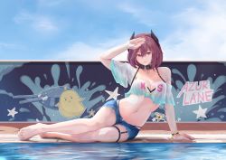 Rule 34 | 1girl, absurdres, anchor collar, arm support, azur lane, bad id, bad pixiv id, bare shoulders, barefoot, bikini, bikini under clothes, black bikini, black horns, blue sky, breasts, cleavage, cleavage cutout, clothes writing, clothing cutout, cloud, collarbone, commentary, crop top, crop top overhang, curled horns, cutoff jeans, cutoffs, day, eyebrows hidden by hair, full body, garter straps, groin, hair between eyes, hand on own head, heart cutout, highres, horns, kirishima (azur lane), kirishima (summery audacity) (azur lane), looking at viewer, manjuu (azur lane), medium breasts, midriff, mural, navel, off-shoulder shirt, off shoulder, outdoors, pool, poolside, purple eyes, purple hair, roosterf2p, shadow, shirt, short hair, short shorts, short sleeves, shorts, sidelocks, sitting, sky, smile, solo, swimsuit, thigh strap, twitter username, wall, wristband, yokozuwari