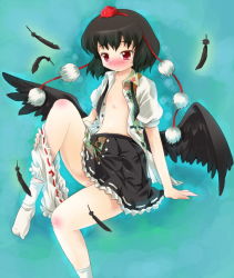 Rule 34 | 1girl, black hair, black wings, bloomers, bloomers pull, blush, expressionless, feathers, female focus, flat chest, hat, looking down, michii yuuki, no bra, open clothes, open shirt, red eyes, shameimaru aya, shirt, short hair, skirt, socks, solo, touhou, underwear, wings