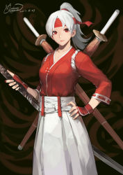 Rule 34 | 1girl, absurdres, closed mouth, cowboy shot, crusaders quest, dated, fingerless gloves, gloves, gorgeous mushroom, hakama, hakama skirt, headband, highres, holding, holding sword, holding weapon, japanese clothes, kaori (crusaders quest), katana, light smile, long hair, long sleeves, looking at viewer, official art, ponytail, red eyes, red gloves, signature, silver hair, skirt, solo, standing, sword, weapon
