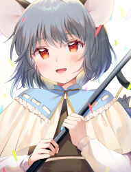 Rule 34 | 1girl, animal ears, ari don, blush, capelet, dowsing rod, frilled capelet, frills, grey hair, highres, layered capelet, long sleeves, looking at viewer, mouse ears, nazrin, open mouth, red eyes, shirt, short hair, skirt, skirt set, solo, touhou, upper body, white capelet, white shirt