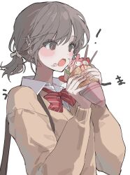 Rule 34 | !, 1girl, :o, bow, bowtie, brown cardigan, brown eyes, brown hair, cardigan, collared shirt, crepe, food, food on face, gyono, hair bow, hair ornament, highres, holding, holding food, kamiyama high school uniform (project sekai), korean commentary, looking at food, onegai my melody, open mouth, project sekai, red bow, red bowtie, sanrio, school uniform, shinonome ena, shirt, short hair, simple background, solo, striped bow, striped bowtie, striped clothes, upper body, white background, white shirt