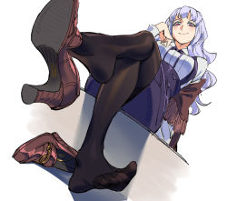 Rule 34 | 1girl, black pantyhose, brown capelet, brown footwear, capelet, closed mouth, collared shirt, crossed legs, dutch angle, feet, foot focus, foreshortening, head tilt, high-waist skirt, high heels, highres, idolmaster, idolmaster (classic), long hair, looking at viewer, neck ribbon, pantyhose, perspective, purple hair, purple ribbon, purple skirt, red eyes, ribbon, ruukii drift, shijou takane, shirt, shoe dangle, simple background, sitting, skirt, smile, soles, solo, suspender skirt, suspenders, white background, white shirt, wing collar