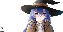 Rule 34 | 1girl, black hat, blue eyes, blue hair, blush, brown cape, cape, closed mouth, collared shirt, hair between eyes, hat, highres, long hair, looking at viewer, mushoku tensei, portrait, roxy migurdia, shirt, signature, smile, solo, varhan zuhair, white shirt, wing collar, witch hat