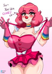 Rule 34 | 1girl, absurdres, ace attorney, breasts, clown, clown girl, clown nose, dress, eyeshadow, frills, geiru toneido, gloves, heavy breathing, highres, large breasts, makeup, medium hair, phoenix wright: ace attorney - spirit of justice, pink dress, pink eyeshadow, pink gloves, pink hair, rainbow, ryske, shiny skin, sleeveless, sleeveless dress, suspenders, suspenders pull, tongue, tongue out, upper body, wide hips