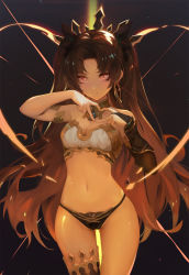 Rule 34 | 1girl, armband, bikini, black hair, breasts, bridal gauntlets, commentary request, cowboy shot, earrings, fate/grand order, fate (series), gluteal fold, hoop earrings, ishtar (fate), jewelry, long hair, looking at viewer, medium breasts, navel, pink eyes, single bridal gauntlet, single thighhigh, solo, swimsuit, thighhighs, wifc