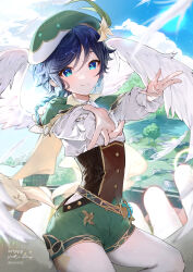 Rule 34 | 1boy, absurdres, belt, black hair, blue eyes, blue hair, braid, brown corset, cape, collared cape, corset, feathered wings, frilled sleeves, frills, genshin impact, gradient hair, green cape, green shorts, highres, juliet sleeves, kkopoli, long sleeves, male focus, multicolored hair, pantyhose, pinwheel, puffy sleeves, shirt, short hair with long locks, shorts, sitting, solo, twin braids, venti (genshin impact), vision (genshin impact), white pantyhose, white shirt, white wings, wings