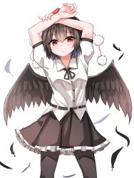Rule 34 | 1girl, arms up, bird wings, black hair, black ribbon, black skirt, black thighhighs, black wings, collared shirt, commentary request, cowboy shot, feathered wings, frilled skirt, frills, hat, highres, kiui (dagk8254), miniskirt, neck ribbon, open mouth, pom pom (clothes), puffy short sleeves, puffy sleeves, red eyes, red hat, ribbon, shameimaru aya, shirt, short hair, short sleeves, skirt, solo, thighhighs, tokin hat, touhou, white shirt, wings