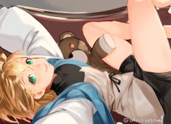 Rule 34 | 1boy, akisa yositake, arms up, black skirt, blonde hair, blue hoodie, bridget (guilty gear), commentary request, dress, green eyes, guilty gear, guilty gear strive, hair between eyes, hood, hoodie, legs, legs up, long hair, long sleeves, looking at viewer, lying, male focus, on back, puffy long sleeves, puffy sleeves, roger (guilty gear), skirt, smile, solo, stuffed animal, stuffed toy, teddy bear, thighs, trap, twitter username, yellow dress