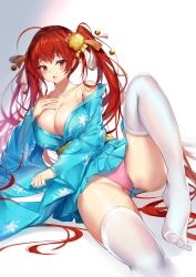 Rule 34 | 1girl, alternate costume, azur lane, blue kimono, blush, breasts, cleavage, floral print, hair ornament, hair ribbon, highres, honolulu (azur lane), honolulu (among the stalls) (azur lane), japanese clothes, kimono, large breasts, long hair, looking at viewer, off shoulder, open mouth, pdxen, reclining, red eyes, red hair, ribbon, solo, thighhighs, twintails, white thighhighs