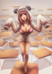 Rule 34 | 1girl, absurdres, animal ears, animal hood, aqua eyes, artist name, bad id, bad pixiv id, barefoot, bikini, bikini top only, breasts, cleavage, collarbone, desk, full body, head tilt, highres, hood, hoodie, kuon (kwonchanji), large breasts, looking at viewer, mouse ears, open mouth, original, pink hair, sleeves past wrists, solo, standing, standing on desk, standing on object, standing on one leg, striped bikini, striped clothes, swimsuit, unzipped