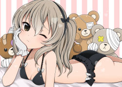Rule 34 | 1girl, absurdres, ass, bandages, bed, black bra, black panties, black ribbon, blush, boko (girls und panzer), bow, bow bra, bow panties, bra, breasts, brown eyes, closed mouth, commentary, eyepatch, girls und panzer, hair ribbon, head rest, head tilt, heart, highres, lace, lace-trimmed bra, lace-trimmed panties, lace trim, light brown hair, long hair, looking at viewer, lying, on bed, on stomach, one eye closed, one side up, panties, pink background, ribbon, ruruepa, shimada arisu, small breasts, smile, solo, striped, striped background, stuffed animal, stuffed toy, teddy bear, underwear, vertical stripes