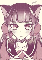 Rule 34 | 1girl, animal ears, blunt bangs, blush, cat ears, collarbone, danganronpa (series), danganronpa v3: killing harmony, earrings, flying sweatdrops, frown, hair ornament, hair scrunchie, hairclip, harukawa maki, highres, index fingers together, jewelry, long hair, looking at viewer, low twintails, mole, mole under eye, portrait, sailor collar, satori (aosky9077), scrunchie, shirt, solo, twintails