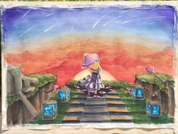 Rule 34 | 1girl, absurdres, artist request, bird, blonde hair, blue sky, bow, canvas (medium), cloud, commentary request, cube, dress, from behind, grass, hair bow, hat, hat ribbon, highres, holding, holding umbrella, long hair, looking at viewer, meteor shower, mob cap, photo (medium), pillar, red eyes, red sky, ribbon, ribbon trim, road sign, sign, sky, solo, stairs, standing, sun, sunset, tabard, touhou, traditional media, traffic light, umbrella, white dress, yakumo yukari, yin yang