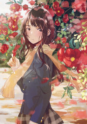 Rule 34 | 1girl, blazer, blush, brown eyes, brown hair, brown scarf, camellia, day, flower, fly (marguerite), fringe trim, from side, holding, jacket, long hair, looking at viewer, original, outdoors, parted lips, petals, plaid, plaid skirt, pleated skirt, red flower, scarf, school uniform, skirt, solo, tareme, upper body