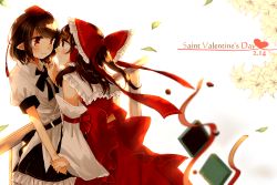 Rule 34 | 2girls, ark tr, back, backlighting, belt, black hair, blush, bow, brown hair, chocolate, dated, detached sleeves, eye contact, frills, hair ornament, hair ribbon, hair tubes, hakurei reimu, hat, hat ribbon, heart, holding hands, long hair, long sleeves, looking at another, multiple girls, open mouth, pointy ears, ponytail, profile, puffy short sleeves, puffy sleeves, red eyes, ribbon, shameimaru aya, shirt, short hair, short sleeves, skirt, skirt set, smile, string, tokin hat, touhou, valentine, wide sleeves, yuri
