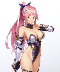 Rule 34 | 1girl, armor, armpits, bare shoulders, black bow, boots, bow, breasts, brown eyes, cleavage, closed mouth, commentary request, cowboy shot, flower, greaves, hair bow, hair flower, hair ornament, highleg, highleg leotard, highres, holding, holding sword, holding weapon, houtengeki, knight, large breasts, leotard, long hair, looking at viewer, original, pink hair, ponytail, revealing clothes, sideboob, simple background, smile, solo, standing, sword, thigh boots, thighhighs, weapon, white background