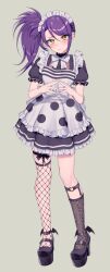 Rule 34 | 1girl, absurdres, apron, asymmetrical legwear, black dress, black footwear, black socks, closed mouth, dress, fishnet thighhighs, fishnets, frilled apron, frilled dress, frills, full body, grey background, hair between eyes, highres, hourai ninjin, lace socks, long hair, looking at viewer, maid, maid headdress, pretty series, pripara, puffy short sleeves, puffy sleeves, purple hair, shoes, short sleeves, side ponytail, simple background, single thighhigh, socks, solo, standing, steepled fingers, thighhighs, toudou shion, white apron, yellow eyes