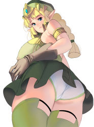 1girl ass bare_shoulders blonde_hair blue_eyes braid breasts covered_erect_nipples elf from_below gloves hat highres huge_ass huge_breasts kono kouno_(masao) long_hair looking_back original panties pointy_ears shiny_clothes shiny_skin sideboob single_braid skirt solo thighhighs underwear upskirt