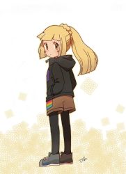 Rule 34 | 1girl, alternate costume, bad id, bad twitter id, blunt bangs, blush, braid, casual, creatures (company), from behind, full body, game freak, green eyes, highres, hood, hoodie, leggings, lillie (pokemon), looking at viewer, looking back, nintendo, pantyhose, pantyhose under shorts, piisuke (ebiko), pokemon, pokemon sm, ponytail, shoes, shorts, signature, simple background, solo, white background