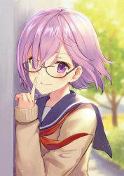 Rule 34 | 1girl, alternate costume, blurry, blush, closed mouth, day, depth of field, fate/grand order, fate (series), glasses, hair over one eye, haru (hiyori-kohal), index finger raised, looking at viewer, mash kyrielight, neckerchief, outdoors, purple eyes, purple hair, red neckerchief, school uniform, serafuku, short hair, smile, solo, sweater, upper body