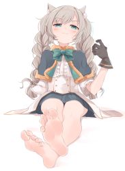 Rule 34 | 1girl, absurdres, animal ear fluff, animal ears, barefoot, blouse, blush, braid, cat ears, character request, commentary request, commission, copyright request, crossed ankles, feet, foot focus, greek toe, green eyes, highres, kahlua (artist), legs, looking at viewer, no shoes, shirt, silver hair, simple background, skeb commission, skirt, smug, soles, solo, sweatdrop, toes, twin braids, white background, white shirt