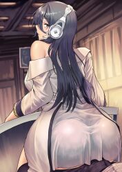 Rule 34 | 1boy, 1girl, absurdres, ass, ass focus, bare shoulders, bars, black hair, bulge, closed mouth, coat, dress, erection, erection under clothes, exia (nikke), girl on top, goddess of victory: nikke, headphones, highres, indoors, jury9016, long sleeves, looking back, medium hair, off-shoulder dress, off shoulder, pants, sign, sitting, sitting on lap, sitting on person, table, white coat