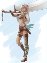 Rule 34 | 1girl, armlet, armor, asymmetrical legwear, bag, black panties, braid, breastplate, breasts, cape, carrying over shoulder, cross-laced clothes, cross-laced footwear, cross-laced legwear, dark-skinned female, dark skin, earrings, facial tattoo, tooth necklace, feathers, fringe trim, full body, fur trim, half updo, hand wraps, highres, holding, holding sword, holding weapon, hoop earrings, huge weapon, jewelry, ju go (toamariitutu), leg warmers, leg wrap, midriff, navel, o-ring, o-ring bottom, original, panties, purple eyes, sarashi, sarong, shoes, silver hair, single thighhigh, small breasts, solo, standing, stomach, sword, tattoo, thigh strap, thighhighs, toeless footwear, tribal, underboob, underwear, uneven legwear, wavy hair, weapon