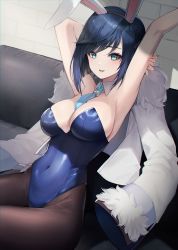 Rule 34 | 1girl, absurdres, animal ears, arms behind head, arms up, bare arms, blue hair, blue leotard, blue necktie, bob cut, breasts, brown pantyhose, cleavage, collar, couch, covered navel, cowboy shot, dark blue hair, detached collar, diagonal bangs, dice, fake animal ears, fur-trimmed jacket, fur trim, genshin impact, green eyes, highleg, highleg leotard, highres, holding own arm, jacket, jacket on shoulders, large breasts, leotard, looking at viewer, necktie, on couch, pantyhose, parted lips, playboy bunny, rabbit ears, short hair, sitting, smile, solo, strapless, strapless leotard, thighs, ugwa, white collar, white jacket, yelan (genshin impact)