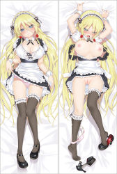 Rule 34 | 1girl, alice (bishoujo mangekyou), apron, bishoujo mangekyou, black thighhighs, blonde hair, blue eyes, blush, breasts, breasts out, cleavage, clothes lift, dakimakura (medium), detached collar, dress, female focus, hair between eyes, hands on own hips, happoubi jin, high heels, highres, large breasts, long hair, lying, maid, maid apron, maid headdress, mary janes, nipples, on back, panties, panties around leg, pink panties, pussy, ribbon, ribbon-trimmed legwear, ribbon trim, shoes, short dress, skirt, skirt lift, solo, thighhighs, uncensored, underwear, very long hair, waist apron, waitress, wrist cuffs