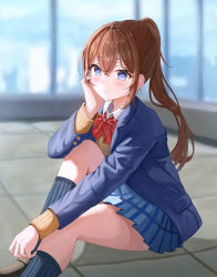 Rule 34 | 1girl, beige cardigan, black socks, blazer, blue eyes, blue jacket, blue skirt, blurry, blurry background, blush, bow, bowtie, brown footwear, brown hair, cardigan, closed mouth, collared shirt, dress shirt, expressionless, hand on own face, highres, jacket, loafers, long hair, long sleeves, original, pian717, pleated skirt, ponytail, red bow, red bowtie, school uniform, shirt, shoes, sitting, skirt, socks, solo, white shirt