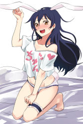Rule 34 | 10s, 1girl, :d, animal ears, bare shoulders, barefoot, blue hair, blush, brown eyes, rabbit ears, rabbit tail, clothes writing, fake animal ears, hairband, kneeling, bridal garter, long hair, looking at viewer, love live!, love live! school idol project, no pants, off shoulder, open mouth, panties, shirt, smile, solo, sonoda umi, t-shirt, tail, underwear, white-aster
