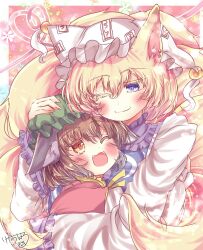 2girls ;d animal_ears blonde_hair blue_eyes blush brown_eyes brown_hair cat_ears chen closed_mouth commentary_request dot_nose dress ears_down fang floral_background fox_ears fox_tail frills green_hat hair_between_eyes hand_on_another&#039;s_head happy hat heart heart_of_string height_difference highres hug kemo_chiharu long_sleeves looking_at_another mob_cap multiple_girls multiple_tails one_eye_closed open_mouth short_hair signature simple_background smile tail touhou upper_body white_dress white_hat yakumo_ran