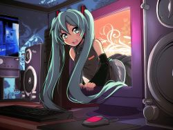 Rule 34 | 1girl, blush, computer, detached sleeves, green eyes, green hair, hatsune miku, highres, keyboard (computer), long hair, looking at viewer, matching hair/eyes, mouse (computer), necktie, open mouth, smile, solo, tanashi (mk2), through medium, through screen, twintails, very long hair, vocaloid