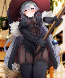 Rule 34 | 1girl, black choker, black gloves, blurry, blurry background, blush, breast curtain, breasts, broom, broom riding, choker, depth of field, fed (giba), fur-trimmed sleeves, fur trim, gloves, gradient eyes, grey hair, halloween, hat, long hair, medium breasts, multicolored eyes, object on pectorals, original, pointy ears, sleeves past wrists, solo, witch hat