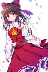Rule 34 | 1girl, ascot, bad id, bad twitter id, blush, bow, brown eyes, brown hair, closed mouth, commentary request, detached sleeves, dutch angle, frilled skirt, frills, gohei, hair bow, hair tubes, hakurei reimu, hand up, holding, koto seori, long hair, looking at viewer, one-hour drawing challenge, petals, red bow, red skirt, red vest, ribbon-trimmed skirt, ribbon-trimmed sleeves, ribbon trim, shide, simple background, skirt, skirt set, smile, solo, touhou, vest, white background, wide sleeves, wind, yellow ascot
