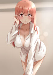 Rule 34 | 1girl, aged up, blush, breasts, cleavage, closed mouth, collarbone, collared shirt, commentary request, dars (recolors), hand up, highres, large breasts, long hair, long sleeves, looking at viewer, naked shirt, pink hair, red eyes, shirt, smile, solo, white shirt, yahari ore no seishun lovecome wa machigatteiru., yuigahama yui