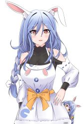 Rule 34 | 2girls, animal ear fluff, animal ears, apron, blue hair, braid, carrot, hair ornament, highres, hololive, long hair, looking at viewer, mature female, mother and daughter, multicolored hair, multiple girls, pekomama, rabbit ears, rabbit girl, real life insert, simple background, smile, usada pekora, virtual youtuber, white background