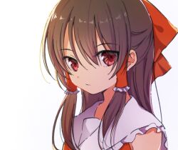 Rule 34 | 1girl, bare shoulders, bow, brown hair, closed mouth, commentary request, expressionless, eyes visible through hair, frilled bow, frilled hair tubes, frilled shirt collar, frills, hair bow, hair tubes, hakurei reimu, highres, long hair, looking at viewer, portrait, red bow, red eyes, sidelighting, solo, touhou, upper body, utako (kuromosuki)