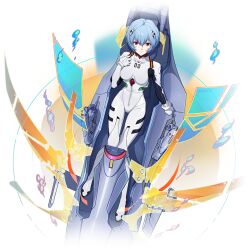 Rule 34 | 1girl, ayanami rei, blue hair, bodysuit, cockpit, crossover, from above, full body, honkai (series), honkai impact 3rd, interface headset, neon genesis evangelion, official art, pilot suit, plugsuit, rebuild of evangelion, red eyes, short hair, sitting, solo, third-party source, white bodysuit