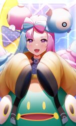 Rule 34 | 1girl, :d, bellibolt, blue hair, blurry, blurry background, blush, bow-shaped hair, commentary request, creatures (company), depth of field, game freak, highres, iono (pokemon), jacket, lightning, long hair, long sleeves, looking at viewer, mikomiko (mikomikosu), multicolored hair, nintendo, open mouth, pink hair, pokemon, pokemon (creature), pokemon sv, purple eyes, sharp teeth, sleeves past fingers, sleeves past wrists, smile, teeth, two-tone hair, very long hair, yellow jacket