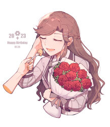 Rule 34 | 2girls, baumkuchen, bouquet, braid, brown hair, cake, cake slice, closed eyes, collared shirt, commentary, cropped torso, dated, disembodied hand, feeding, fingernails, flower, food, fork, french braid, grey jacket, hair ornament, tucking hair, hairclip, hands up, happy birthday, highres, holding, holding bouquet, holding fork, jacket, light blush, long hair, long sleeves, lower teeth only, multiple girls, nail polish, official alternate costume, official alternate hairstyle, open mouth, parted bangs, red flower, red rose, rickonrk, rose, shirt, shoujo kageki revue starlight, shoujo kageki revue starlight -re live-, sidelocks, simple background, smile, solo focus, teeth, tendou maya, upper body, wavy hair, white background, white shirt, yellow nails