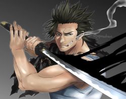 Rule 34 | biceps, black clover, black hair, blade, capelet, cigarette, eye contact, facial hair, floating cape, frown, furrowed brow, hands on hilt, looking at another, looking at viewer, muscular, muscular male, shirt, sleeveless, sleeveless shirt, smoking, solo, stubble, sword, torn capelet, torn clothes, weapon, yami sukehiro
