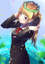 Rule 34 | 1girl, absurdres, akebi-chan no serafuku, black jacket, black skirt, blazer, blonde hair, closed mouth, collared shirt, commentary request, from above, gradient eyes, hands up, head wreath, highres, jacket, kizaki erika, littolebusters, long hair, looking at viewer, multicolored eyes, neck ribbon, pleated skirt, purple eyes, red ribbon, ribbon, ripples, roubai academy school uniform (new), shirt, simple background, skirt, solo, two side up, water, white shirt