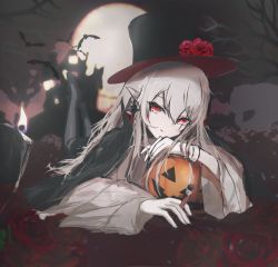 Rule 34 | 1girl, arknights, bare tree, black cape, blouse, blurry, blurry background, candle, cape, closed mouth, colored skin, earrings, fang, fang out, fire, fire, flower, full moon, hair between eyes, hat, hat flower, highres, holding, jewelry, looking at viewer, lying, mebe (teadia violet), moon, official alternate costume, on stomach, pumpkin, red flower, red rose, rose, scar, scar across eye, shirt, solo, top hat, tree, vial, warfarin (arknights), warfarin (the feast) (arknights), white shirt, white skin