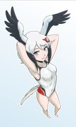 Rule 34 | 1girl, acesrulez, adapted costume, arms behind head, bare arms, bare legs, bare shoulders, barefoot, bird girl, bird tail, bird wings, black hair, blue eyes, blush, collarbone, commentary request, from above, full body, hair ornament, hairclip, head wings, highres, kemono friends, looking at viewer, multicolored hair, one-piece swimsuit, oriental stork (kemono friends), short hair, sidelocks, solo, swimsuit, tail, two-tone hair, white hair, white one-piece swimsuit, wings