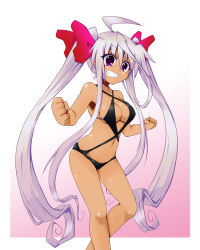 Rule 34 | 1girl, breasts, cleavage, highres, long hair, one-piece swimsuit, original, purple hair, red eyes, shirogane (cufsser), slingshot swimsuit, solo, swimsuit, twintails