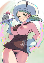 Rule 34 | 1girl, apron, ascot, blush, breasts, brown apron, brown ascot, brown eyes, cake, cake slice, closed mouth, commentary request, cowboy shot, creatures (company), female pubic hair, food, game freak, gloves, green hair, hand on own hip, hand up, hat, holding, holding plate, katy (pokemon), large breasts, masamu (leonore69), mole, nintendo, nipples, plate, pokemon, pokemon sv, pubic hair, smile, solo, split mouth, waist apron, white hat