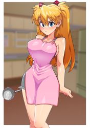 Rule 34 | 1girl, alternate breast size, apron, bare shoulders, blue eyes, breasts, brown hair, denim, denim shorts, earrings, evangelion: 2.0 you can (not) advance, hair between eyes, hair ornament, highres, interface headset, jewelry, large breasts, long hair, minicop2001, neon genesis evangelion, rebuild of evangelion, shiny skin, short shorts, shorts, souryuu asuka langley, tsundere, two side up, very long hair, wide hips